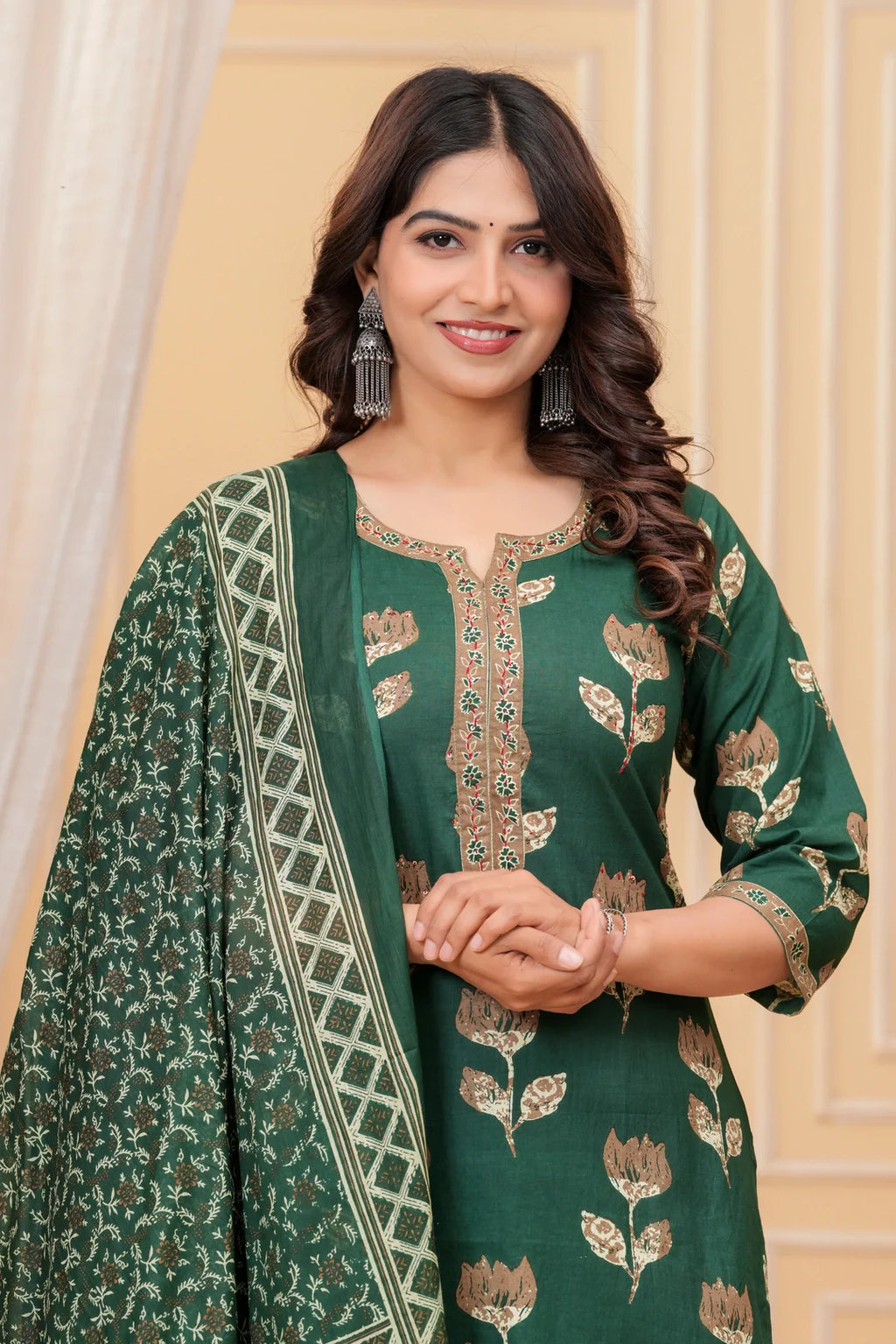 Dark Green Handblock Printed Cotton Kurta Set with Dupatta