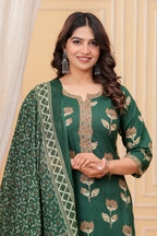 Dark Green Handblock Printed Cotton Kurta Set with Dupatta