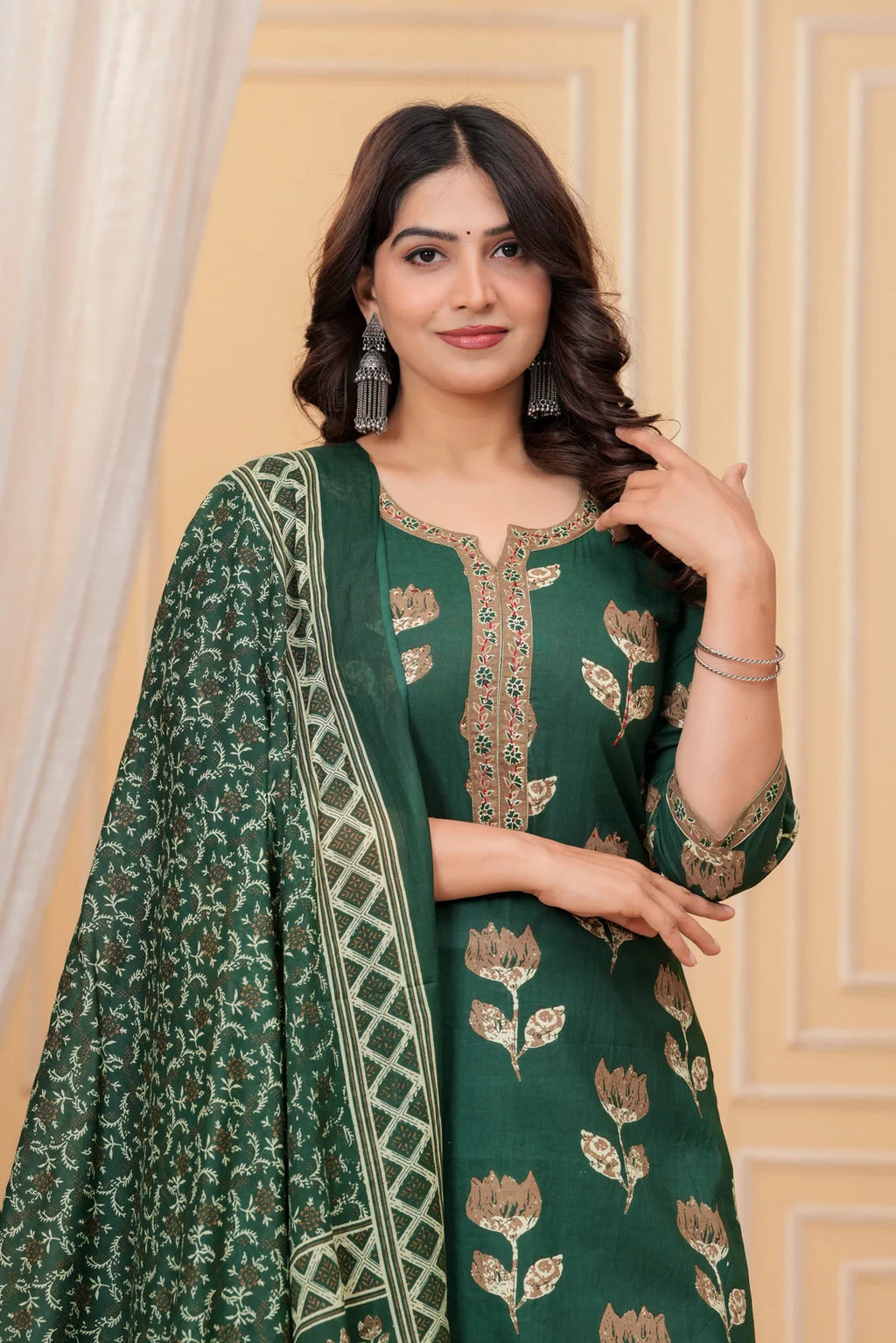 Dark Green Handblock Printed Cotton Kurta Set with Dupatta