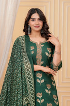 Dark Green Handblock Printed Cotton Kurta Set with Dupatta