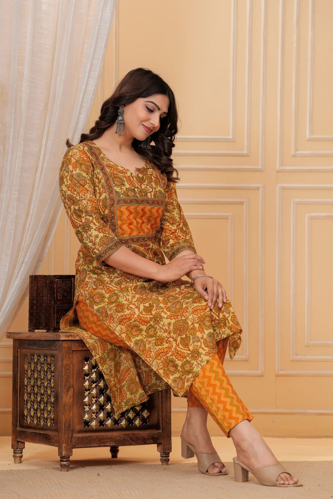 Mustard Handblock Printed Cotton Kurta with Pant Set