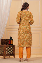 Mustard Handblock Printed Cotton Kurta with Pant Set
