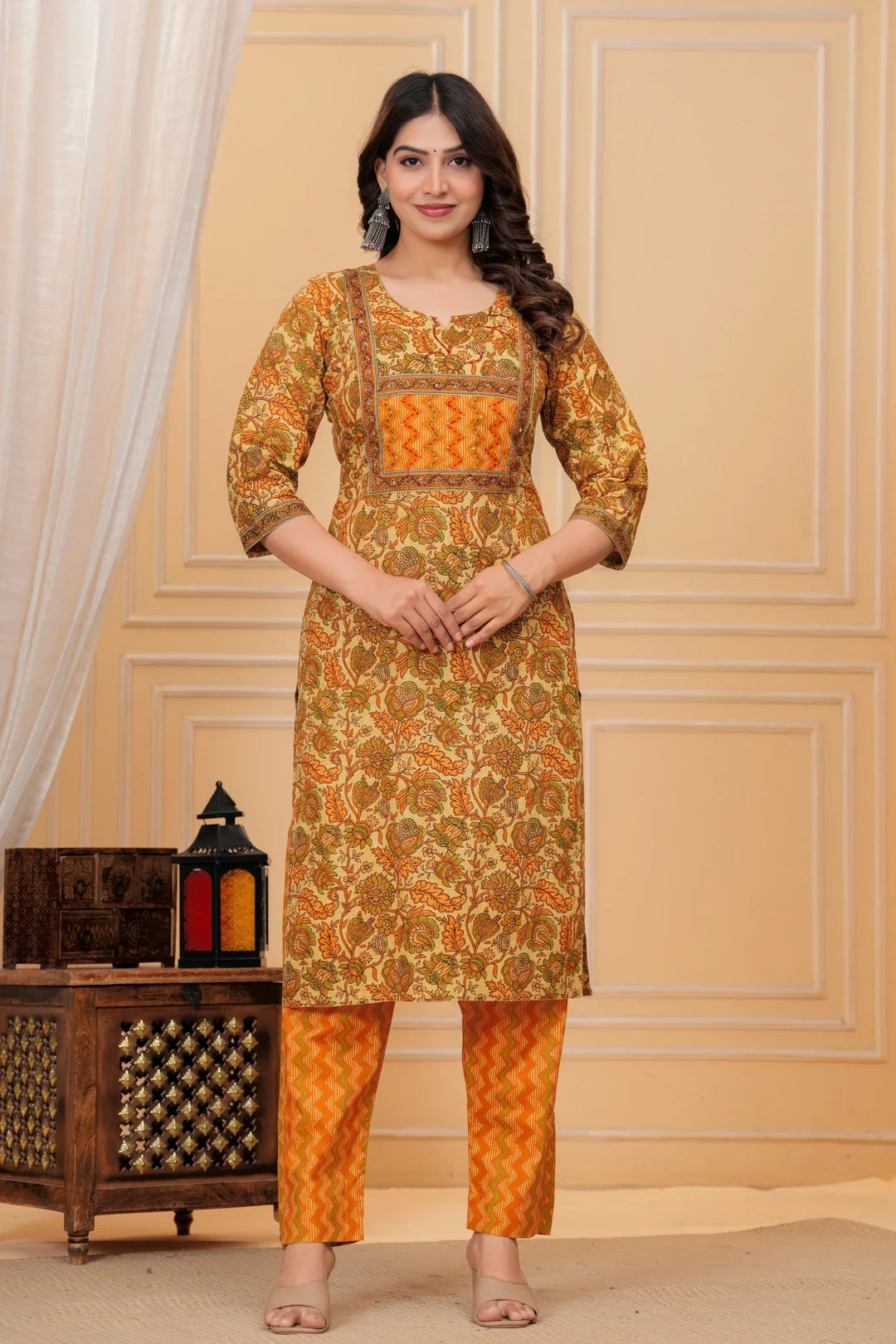 Mustard Handblock Printed Cotton Kurta with Pant Set