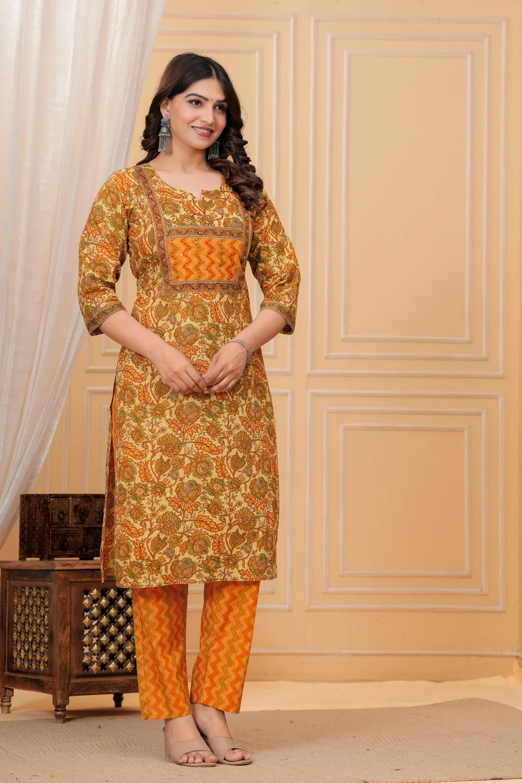 Mustard Handblock Printed Cotton Kurta with Pant Set