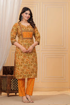 Mustard Handblock Printed Cotton Kurta with Pant Set
