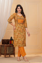 Mustard Handblock Printed Cotton Kurta with Pant Set