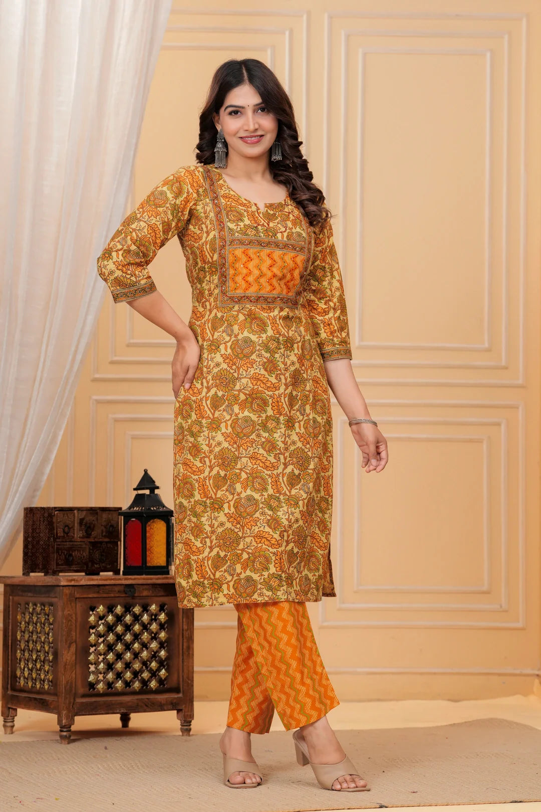 Mustard Handblock Printed Cotton Kurta with Pant Set