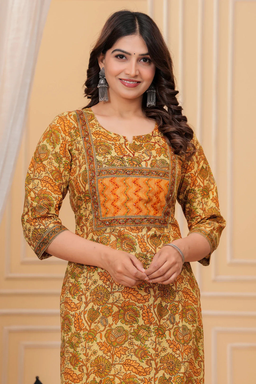 Mustard Handblock Printed Cotton Kurta with Pant Set