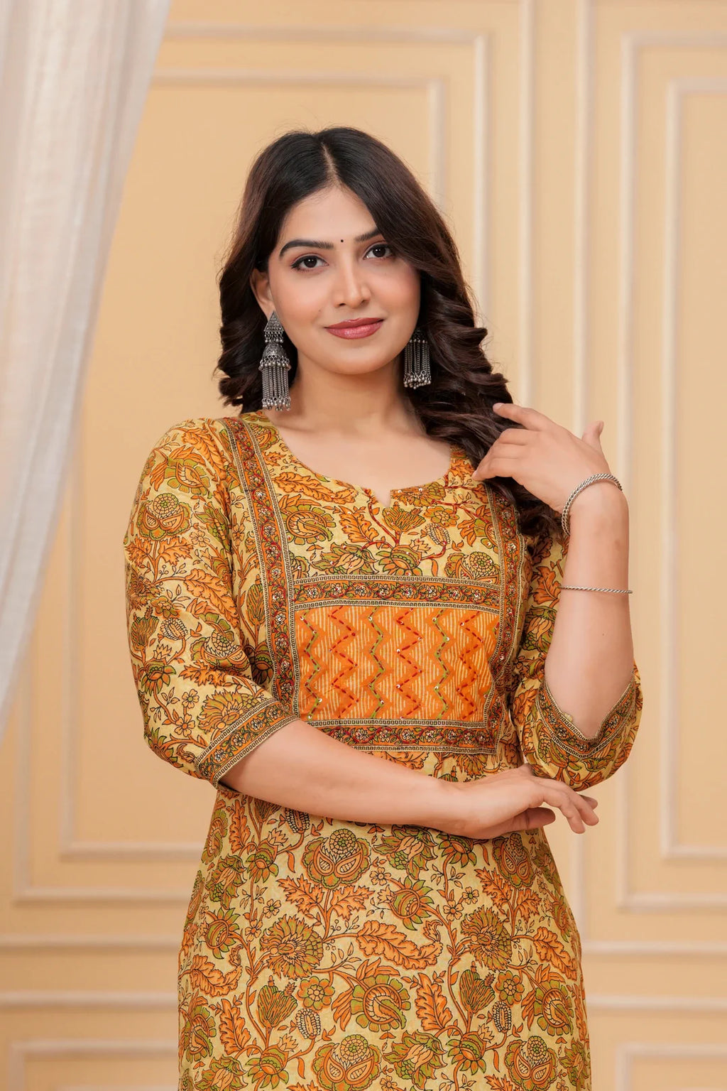 Mustard Handblock Printed Cotton Kurta with Pant Set
