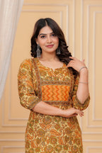 Mustard Handblock Printed Cotton Kurta with Pant Set