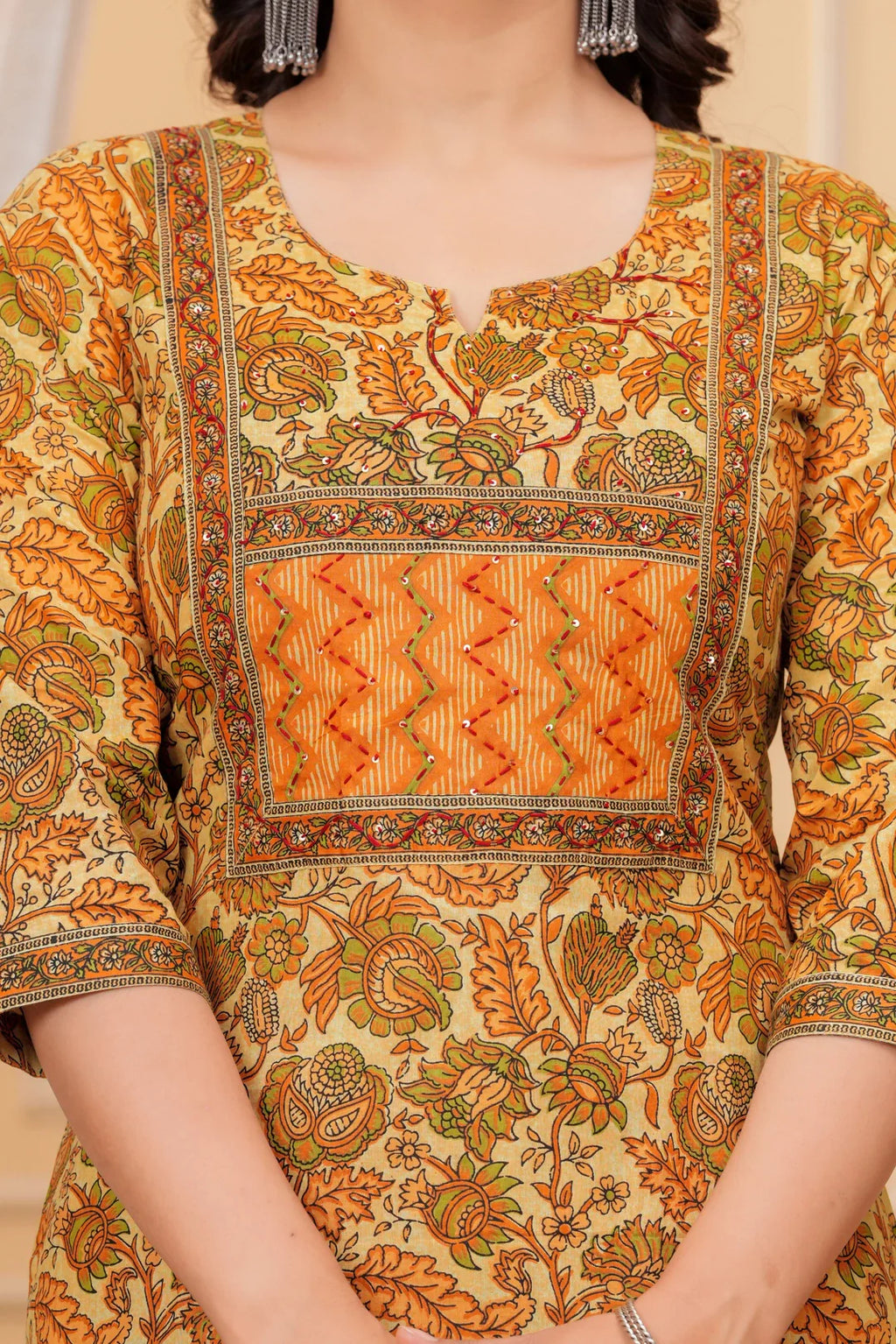 Mustard Handblock Printed Cotton Kurta with Pant Set