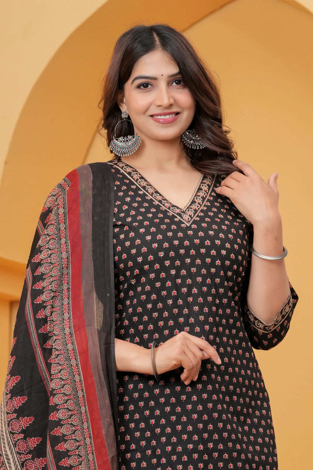 Handblock Printed Black Cotton Kurta Pant Set with Geometric Dupatta