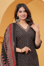 Handblock Printed Black Cotton Kurta Pant Set with Geometric Dupatta