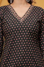 Handblock Printed Black Cotton Kurta Pant Set with Geometric Dupatta