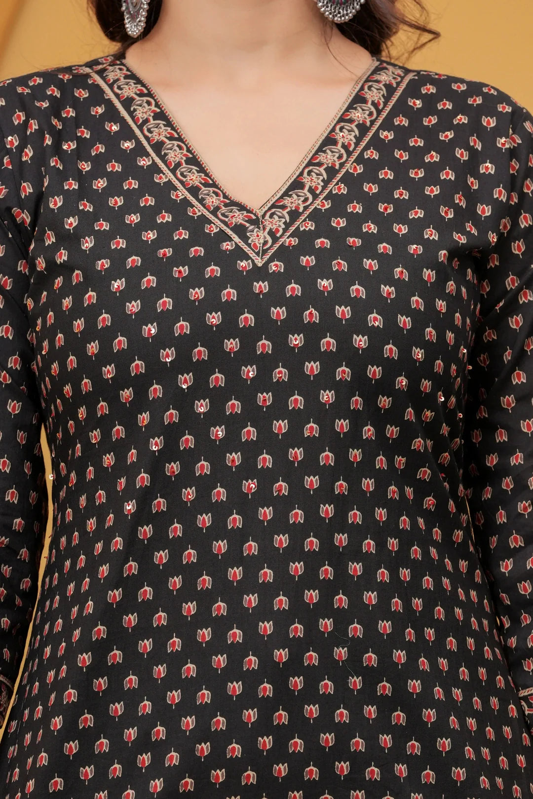 Handblock Printed Black Cotton Kurta Pant Set with Geometric Dupatta