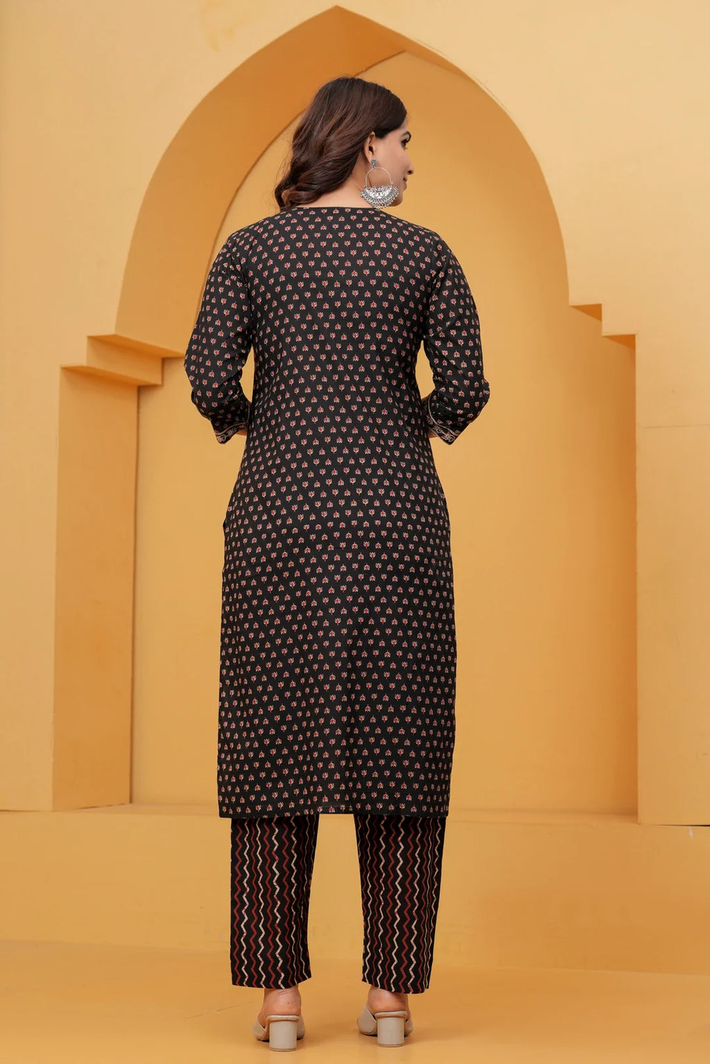 Handblock Printed Black Cotton Kurta Pant Set with Geometric Dupatta