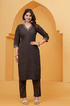 Handblock Printed Black Cotton Kurta Pant Set with Geometric Dupatta