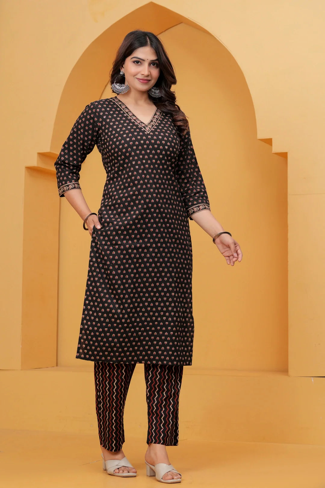 Handblock Printed Black Cotton Kurta Pant Set with Geometric Dupatta