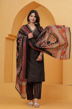 Handblock Printed Black Cotton Kurta Pant Set with Geometric Dupatta
