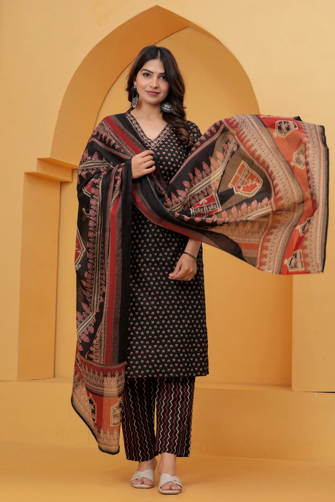 Handblock Printed Black Cotton Kurta Pant Set with Geometric Dupatta