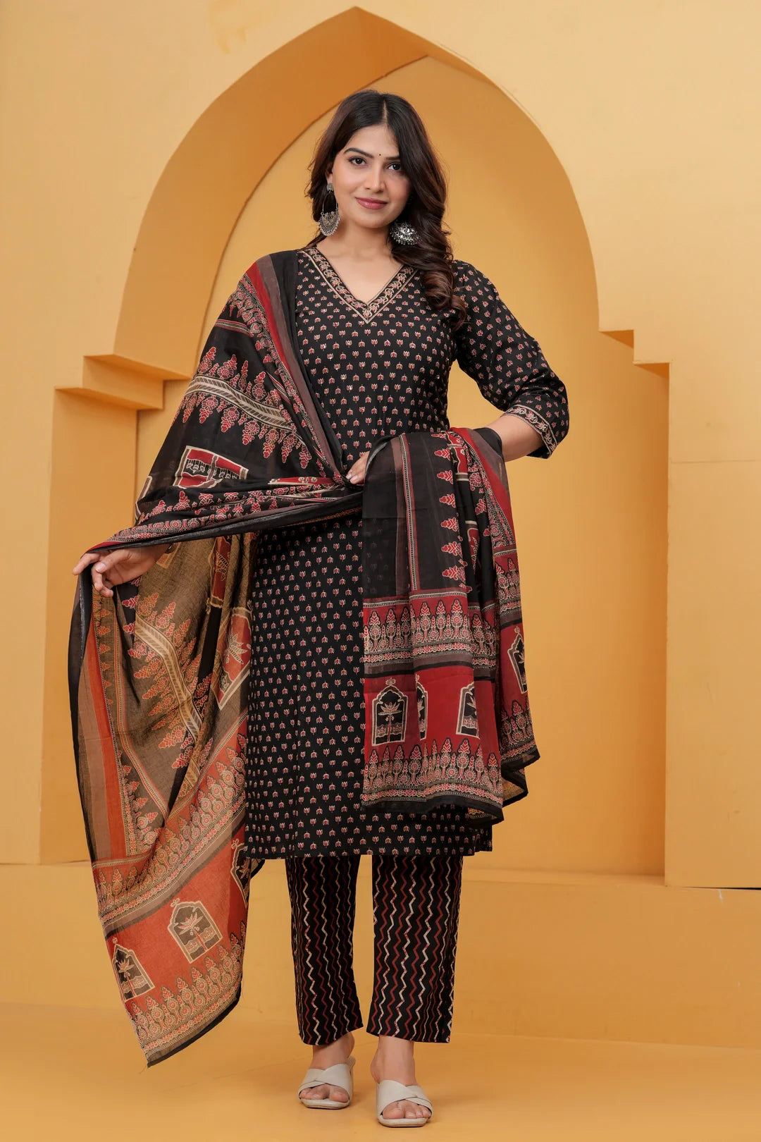 Handblock Printed Black Cotton Kurta Pant Set with Geometric Dupatta