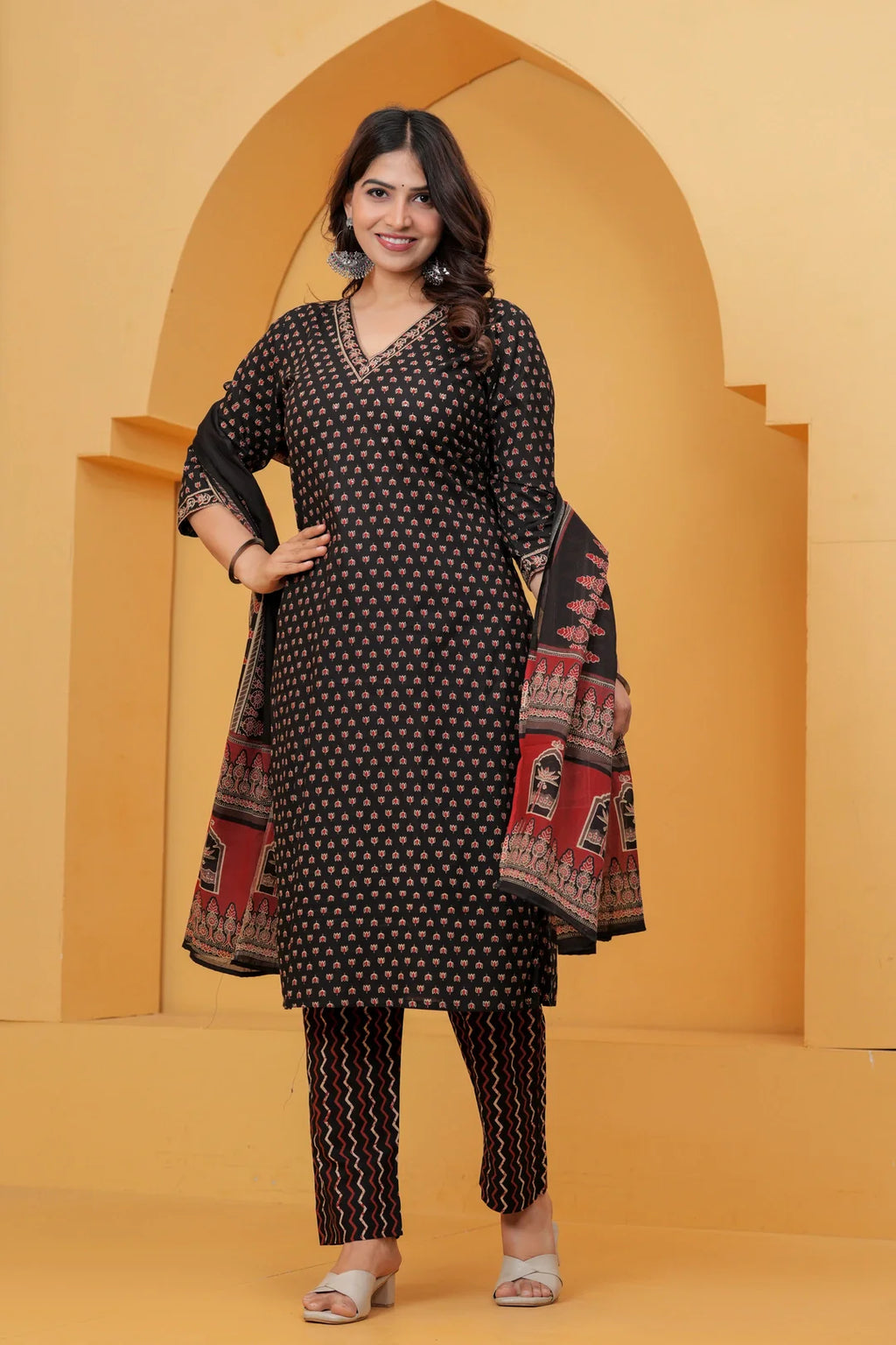 Handblock Printed Black Cotton Kurta Pant Set with Geometric Dupatta