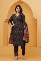 Handblock Printed Black Cotton Kurta Pant Set with Geometric Dupatta