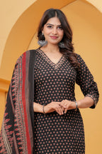 Handblock Printed Black Cotton Kurta Pant Set with Geometric Dupatta