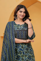 Navy Blue jaipuri Printed Cotton Kurta Pant Set with malmal Dupatta