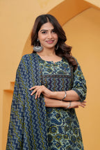 Navy Blue jaipuri Printed Cotton Kurta Pant Set with malmal Dupatta