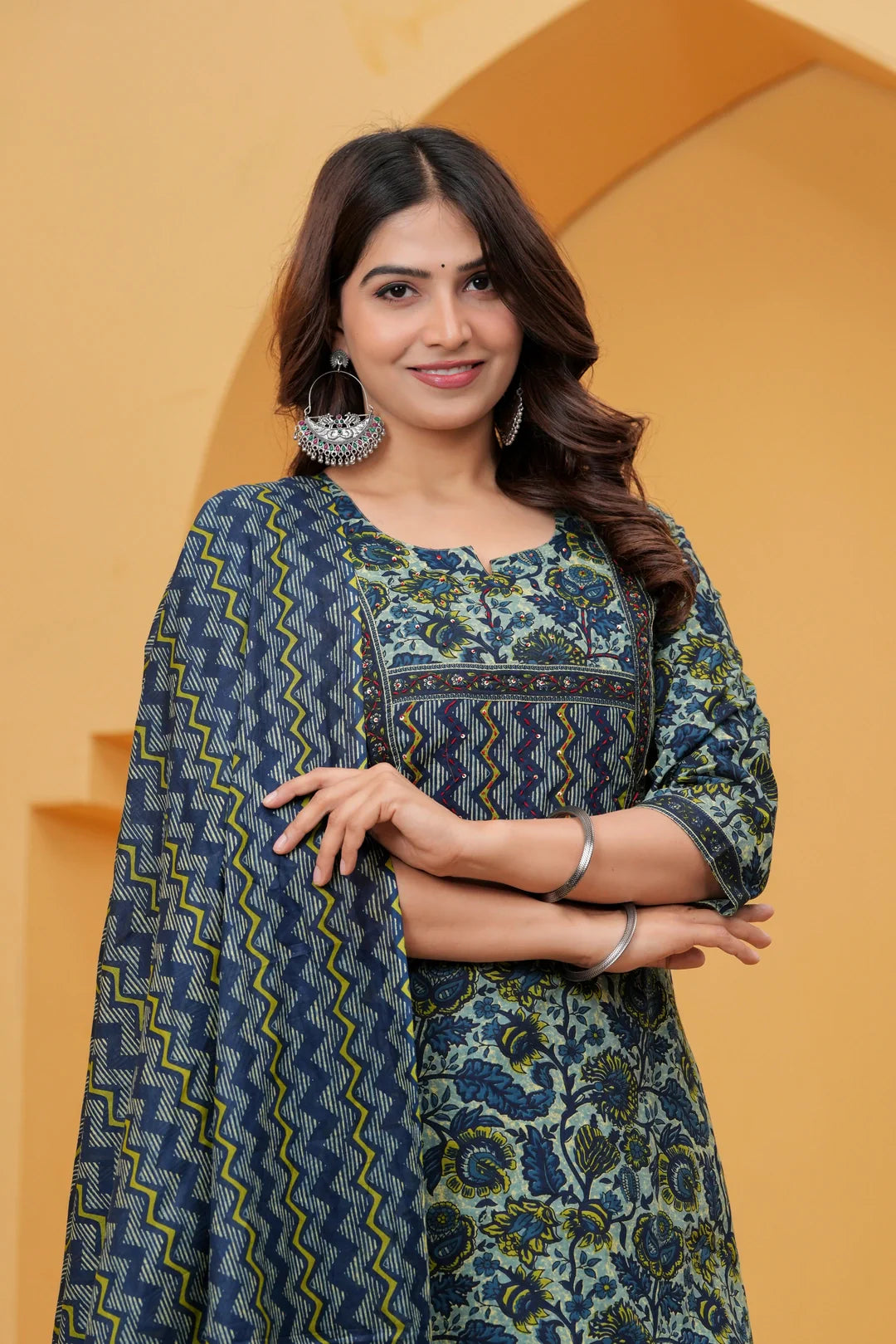 Navy Blue jaipuri Printed Cotton Kurta Pant Set with malmal Dupatta