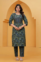 Navy Blue jaipuri Printed Cotton Kurta Pant Set with malmal Dupatta