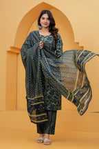 Navy Blue jaipuri Printed Cotton Kurta Pant Set with malmal Dupatta