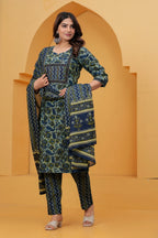 Navy Blue jaipuri Printed Cotton Kurta Pant Set with malmal Dupatta