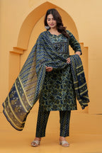 Navy Blue jaipuri Printed Cotton Kurta Pant Set with malmal Dupatta
