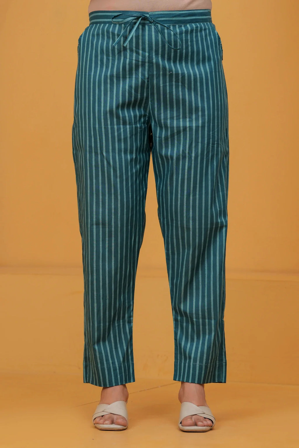 Teal Floral Handblock Printed Cotton Kurta Set with Striped Pants