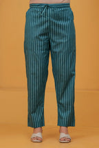 Teal Floral Handblock Printed Cotton Kurta Set with Striped Pants