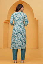 Teal Floral Handblock Printed Cotton Kurta Set with Striped Pants