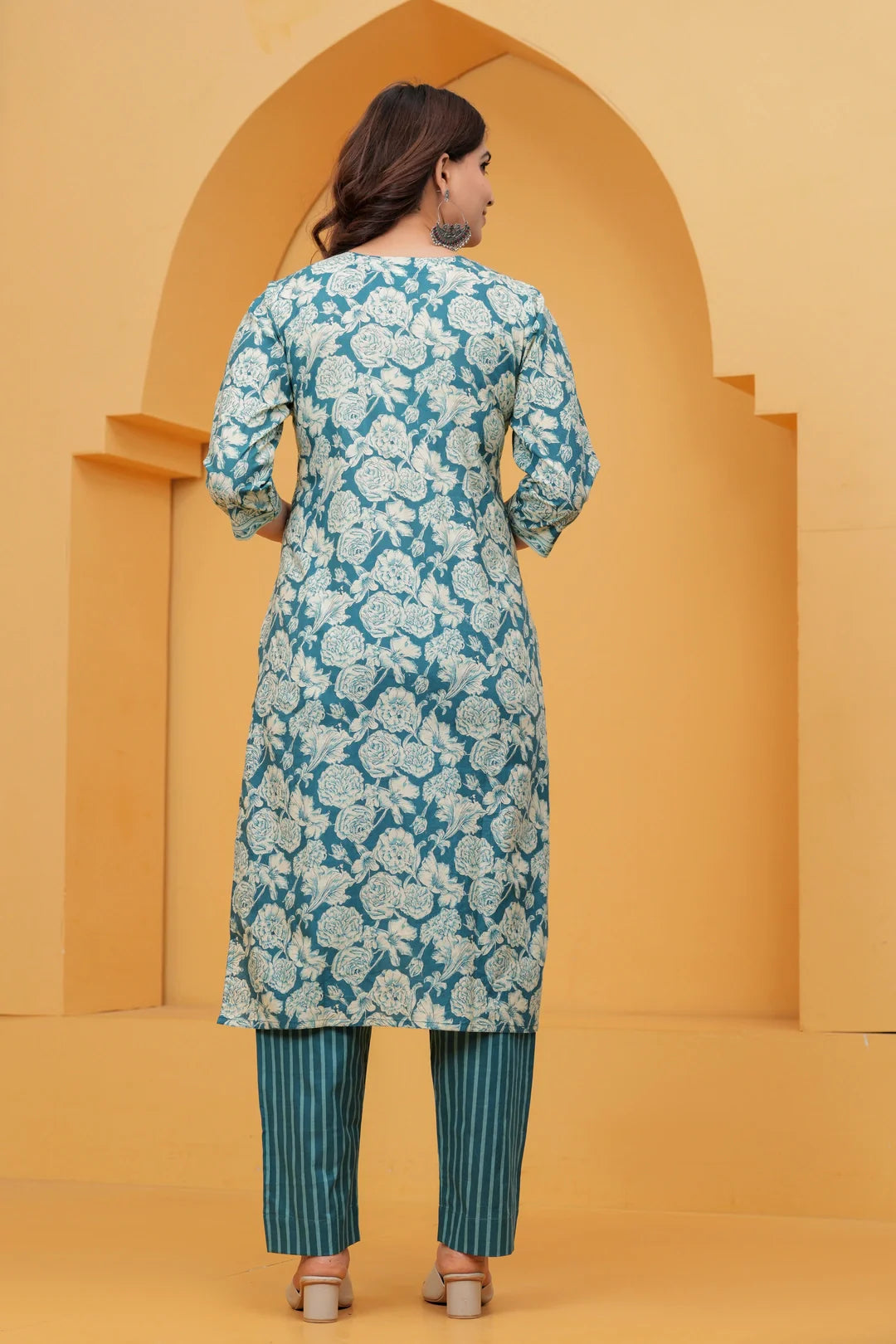 Teal Floral Handblock Printed Cotton Kurta Set with Striped Pants
