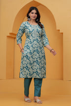 Teal Floral Handblock Printed Cotton Kurta Set with Striped Pants