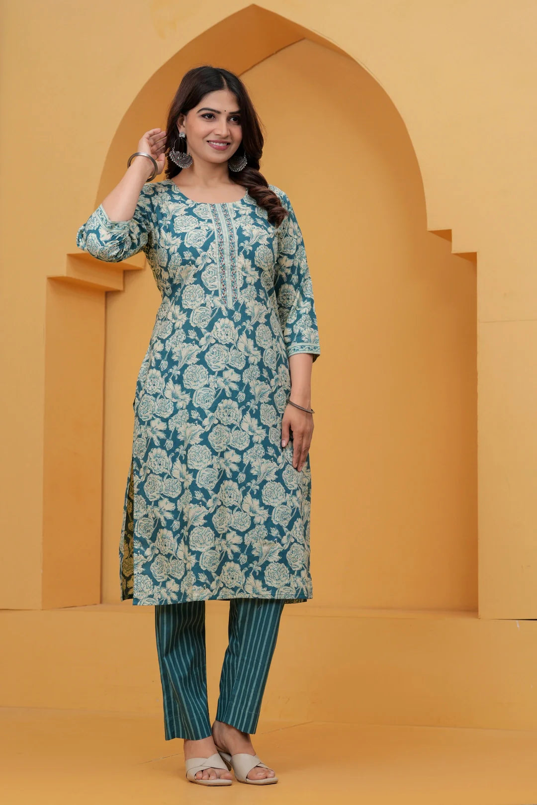 Teal Floral Handblock Printed Cotton Kurta Set with Striped Pants