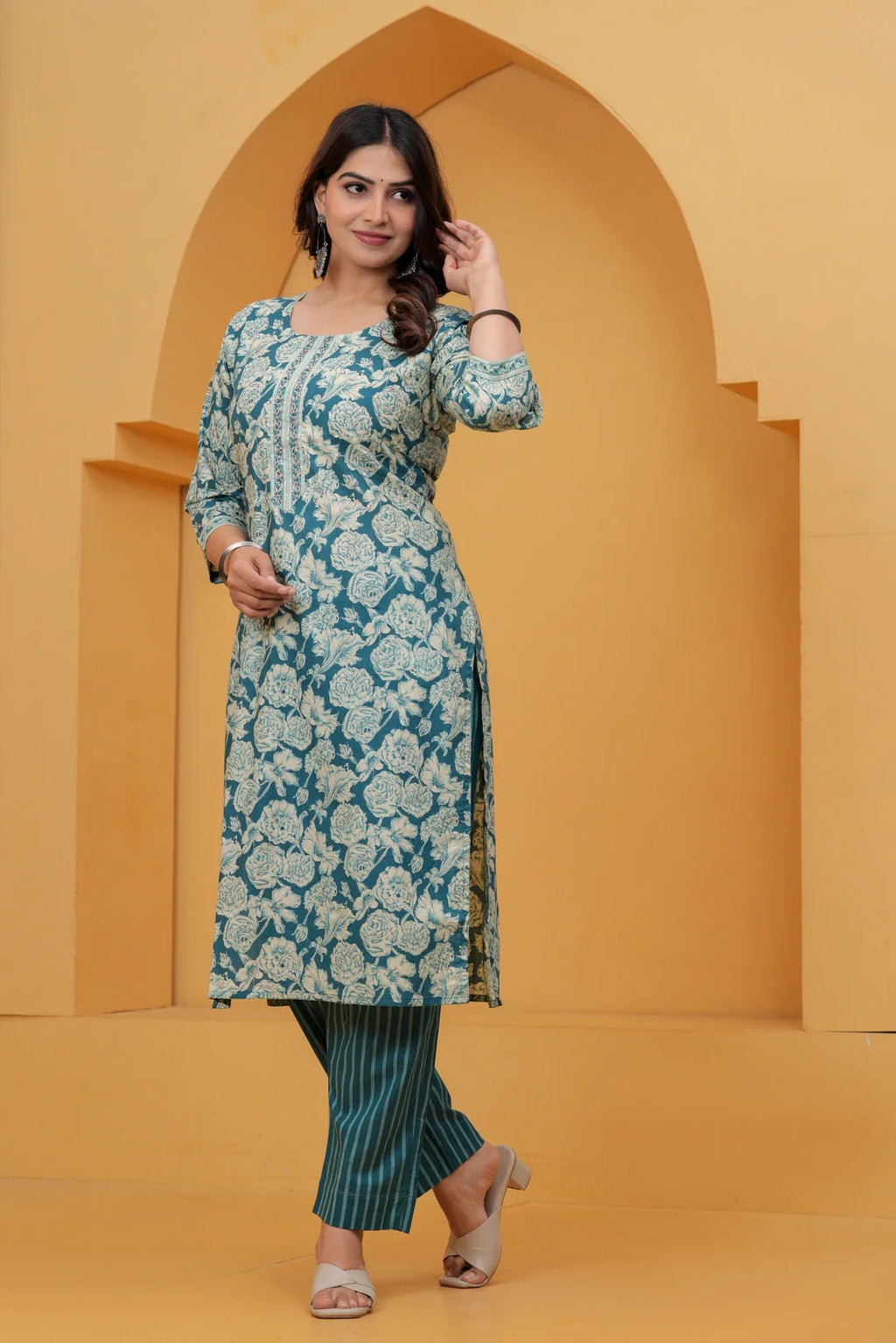 Teal Floral Handblock Printed Cotton Kurta Set with Striped Pants