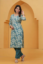 Teal Floral Handblock Printed Cotton Kurta Set with Striped Pants