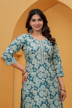 Teal Floral Handblock Printed Cotton Kurta Set with Striped Pants