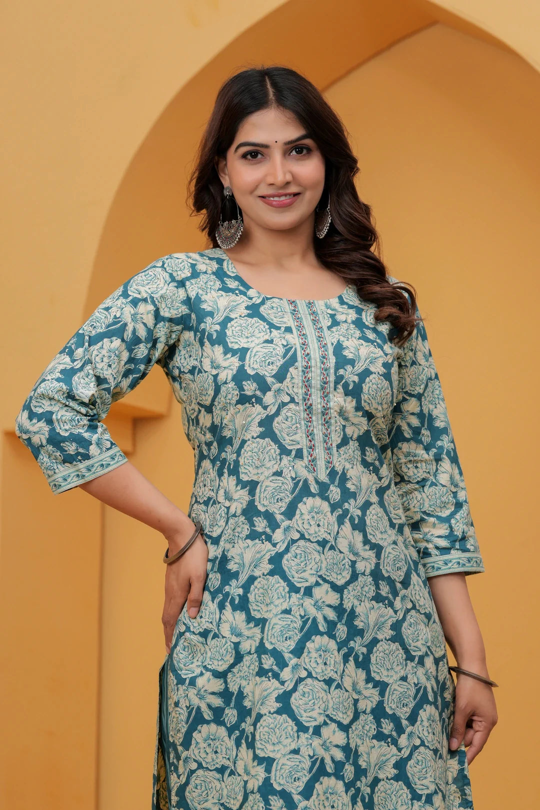 Teal Floral Handblock Printed Cotton Kurta Set with Striped Pants
