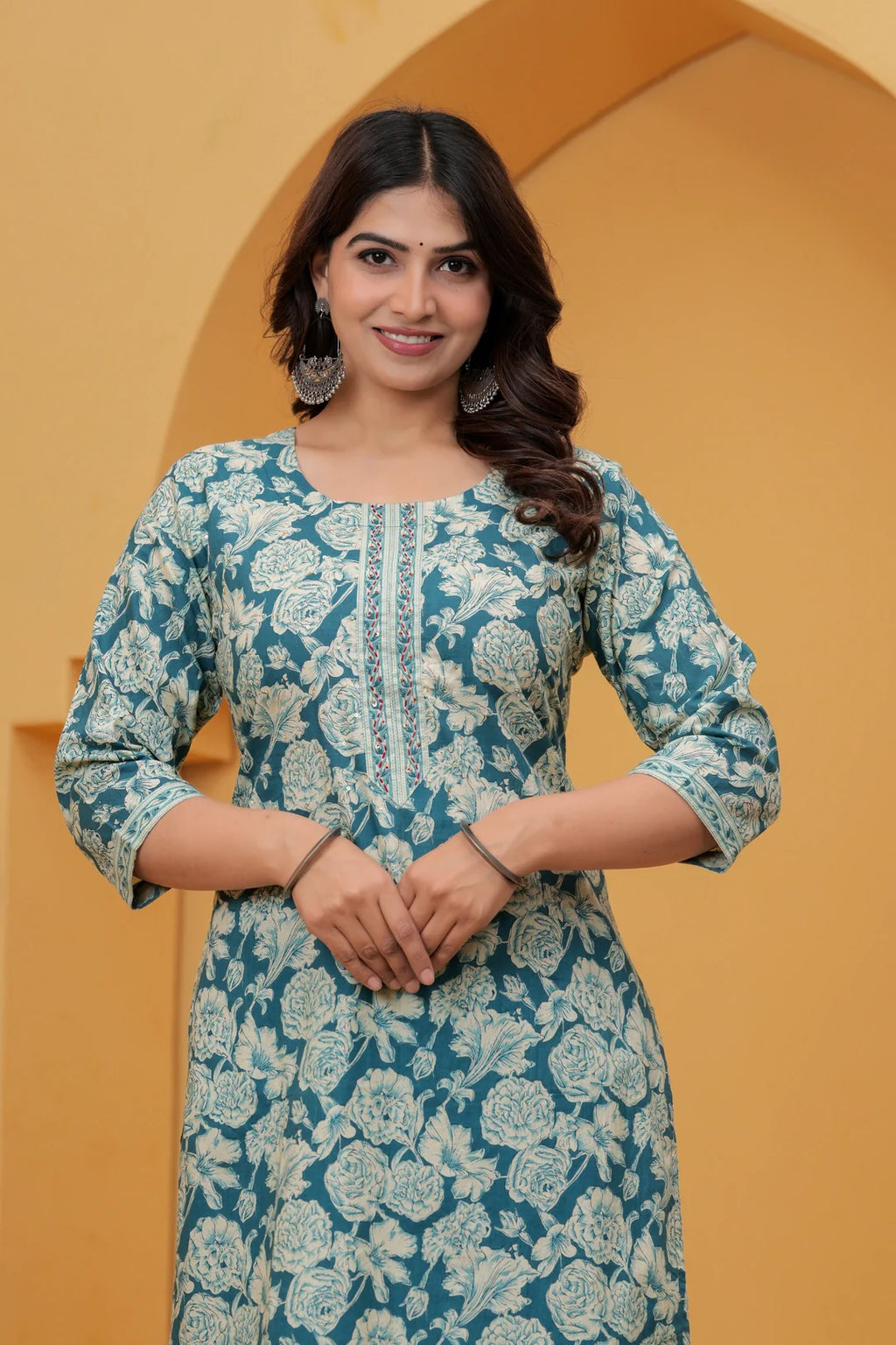 Teal Floral Handblock Printed Cotton Kurta Set with Striped Pants