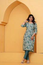 Teal Floral Handblock Printed Cotton Kurta Set with Striped Pants