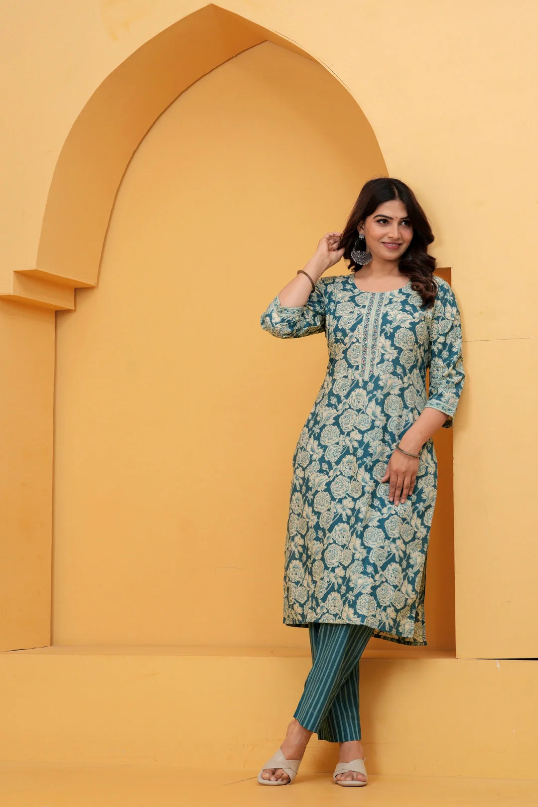 Teal Floral Handblock Printed Cotton Kurta Set with Striped Pants