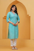 Turquoise Leheriya Print Cotton Kurta for Women