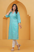Turquoise Leheriya Print Cotton Kurta for Women